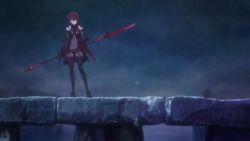  1girl animated animated_gif armor bodysuit breasts covered_navel fate/grand_order fate_(series) female_focus full_body gae_bolg_(fate) gloves greaves hair_between_eyes hair_intakes high_heels holding holding_weapon long_hair looking_at_viewer multiple_views name outdoors pauldrons polearm purple_hair rain red_eyes scathach_(fate) shoulder_armor sky very_long_hair weapon  rating:Sensitive score:25 user:Werepuppy
