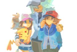  1girl 2boys antenna_hair bad_id bad_tumblr_id baseball_cap black_undershirt blue_eyes blue_jacket brown_eyes brown_hair closed_eyes gen_1_pokemon green_hair hat hilbert_(pokemon) hilda_(pokemon) jacket looking_at_another multiple_boys n_(pokemon) nintendo nyagiratwist pikachu pokemon pokemon_(creature) pokemon_bw simple_background white_background wristband 