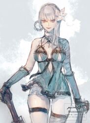  1girl absurdres asymmetrical_bangs bandaged_arm bandaged_neck bandages braid braided_hair_rings breasts closed_mouth commentary flower hair_flower hair_ornament hair_rings hashtag-only_commentary highres holding holding_sword holding_weapon large_breasts lingerie long_hair looking_at_viewer moony_(mogmogmelt) negligee nier nier_(series) simple_background solo standing sword underwear watermark weapon white_background white_flower 
