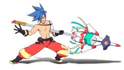  black_boots black_gloves blue_eyes blue_hair boots emiladylbekuulu galo_thymos gloves matoi no_shirt non-web_source pants promare red_pants teeth topless_male trigger_(company) 