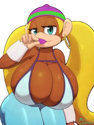  1girl alternate_breast_size blonde_hair bra breasts cleavage donkey_kong_(series) donkey_kong_64 earrings eating food furry green_eyes half-closed_eyes hat headgear holding hoop_earrings jewelry long_hair looking_at_viewer misosouperstar monkey nintendo non-web_source outline pants path patterned piercing popsicle purple_hat ring road shaking short_twintails solo tiny_kong transparent twintails underwear very_long_hair 