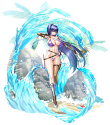  1girl akiyama_rinko alternate_costume aoi_nagisa_(metalder) beach bikini breasts cleavage commentary_request curvy full_body heart highres holding holding_sword holding_weapon huge_breasts katana large_breasts lilith-soft long_hair looking_at_viewer official_alternate_costume official_art ponytail purple_eyes purple_hair second-party_source shiny_skin smile solo swimsuit sword taimanin_(series) taimanin_rpgx taimanin_yukikaze thick_thighs thighs thong thong_bikini very_long_hair water weapon wide_hips 