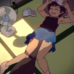  2girls aged_down animated black_eyes black_hair black_thighhighs blue_skirt blush character_request cleft_of_venus closed_eyes closed_mouth crossed_legs denki_anma electric_fan female_ejaculation female_focus female_footjob female_orgasm homura_hinase laughing leg_grab legs loli looking_at_object magazine_(object) masturbation multiple_girls open_mouth orgasm original panties pee pee_stain peeing pussy_juice pussy_juice_stain shadow shirt short_hair skirt socket spread_legs t-shirt tagme tears thighhighs tongue underwear video wet white_panties 
