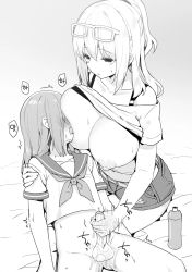1boy 1girl age_difference bed belt blush bottle bottomless breast_press breast_sucking breasts breasts_out cleavage clothes_lift crossdressing cum ear_piercing embarrassed erection eyewear_on_head glasses greyscale handjob hetero high_ponytail highres joshi_kousei_rich_thots large_breasts legs long_hair looking_at_another looking_down lotion lying monochrome navel nipples nursing_handjob on_bed open_mouth original parted_lips penis piercing ponytail sailor_collar school_uniform serafuku shirt_lift short_ponytail shota shota-kun_(sky-freedom) sitting skirt sky-freedom smile sound_effects sweat teenage_girl_and_younger_boy testicles thighs trembling uncensored white_hair yui_(sky-freedom) rating:Explicit score:166 user:Garuldo