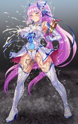  1girl absurdres blue_eyes blush boots bow breasts clenched_teeth covered_erect_nipples covered_navel crying elbow_gloves element_venus female_ejaculation female_orgasm forced_orgasm full_body gloves hair_bow high_heel_boots high_heels highres kisaragi_nozomi lactation lactation_through_clothes large_breasts legs_apart leotard long_hair magical_girl orgasm pink_hair ponytail projectile_lactation purple_hair pussy_juice pussy_juice_drip_through_clothes sex_toy shinsou_seiki_elementia sirano solo standing tears teeth thigh_boots thighhighs trembling very_long_hair vibrator vibrator_under_clothes white_gloves white_leotard white_thighhighs 