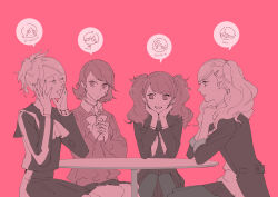  4girls amamiya_ren bow bowtie choker closed_eyes earrings hair_ornament hairclip hands_on_own_face head_rest jacket jewelry juice_box kichi kujikawa_rise lisa_silverman looking_at_another multiple_girls narukami_yu open_mouth pantyhose persona persona_2 persona_3 persona_4 persona_5 pink_theme school_uniform serafuku seven_sisters_high_school_uniform short_hair skirt smile suou_tatsuya takamaki_anne takeba_yukari trait_connection twintails yuuki_makoto_(persona_3)  rating:General score:20 user:danbooru