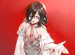  1girl alternate_costume black_hair braid braided_hair_rings breasts china_dress chinese_clothes dress enpix fingerless_gloves gloves granblue_fantasy hair_between_eyes hair_rings hand_up lich_(granblue_fantasy) looking_at_viewer medium_hair open_mouth outstretched_arm purple_eyes purple_nails red_background see-through_clothes see-through_sleeves sharp_teeth small_breasts smile solo standing teeth white_dress white_gloves  rating:Sensitive score:4 user:danbooru