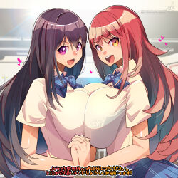  2girls :d black_bra black_hair blue_bow blue_bowtie blue_skirt blush bow bowtie bra bra_visible_through_clothes breast_press breasts character_request copyright_request fluorescent_lamp hair_between_eyes heart highres holding_hands huge_breasts impossible_clothes indoors lace lace-trimmed_bra lace_trim lens_flare long_hair looking_at_viewer multiple_girls open_mouth original pink_bra pixiv_id plaid_bow plaid_bowtie plaid_clothes plaid_skirt pleated_skirt purple_eyes red_hair school_uniform see-through_clothes see-through_shirt shiny_skin shirt short_sleeves signature skirt smile symmetrical_docking teeth translation_request twitter_username umigarasu_(kitsune1963) underwear upper_teeth_only very_long_hair white_shirt yellow_eyes 