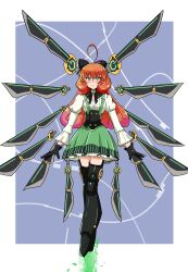  1girl absurdres ahoge android bakuma black_corset black_gloves corset floating floating_object floating_sword floating_weapon frilled_skirt frills full_body gloves green_eyes highres long_hair looking_at_viewer mechanical_legs penny_polendina puffy_sleeves red_hair robot_girl rwby shirt skirt solo suspenders sword weapon white_shirt 