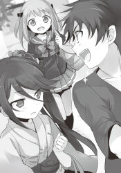  029 1boy 2girls :o bag blush breasts clenched_hand collarbone cowboy_shot hair_ornament hataraku_maou-sama! highres japanese_clothes kamazuki_suzuno kimono large_breasts long_hair long_sleeves maou_sadao medium_hair monochrome multiple_girls obi open_mouth outdoors pleated_skirt profile sasaki_chiho sash school_uniform serafuku shirt short_hair short_sleeves shoulder_bag side_ponytail skirt smile socks standing t-shirt tareme thighs tsurime two_side_up upper_body very_long_hair 