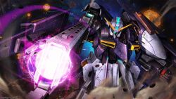  absurdres advance_of_zeta aiming aiming_at_viewer artist_request battle beam_rifle copyright_logo energy energy_beam energy_gun explosion gaplant gaplant_hrairoo glowing gundam gundam_battle_operation_2 highres machinery mecha mecha_focus mobile_suit official_art realistic robot science_fiction space star_(sky) sunrise_(company) weapon 
