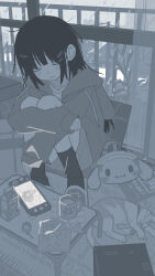  1girl absurdres animal_crossing cat character_bag cinnamoroll closed_eyes closed_mouth commentary_request cup cushion full_body greyscale hair_ornament hairclip highres hood hood_down hoodie hugging_own_legs indoors long_hair long_sleeves lurenjia milk_carton monochrome mug nintendo nintendo_switch original railing rain sanrio shorts sitting sleeping sleeping_animal sleeping_upright slippers snack socks solo table tatami window zabuton 