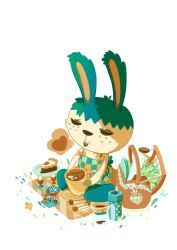  1girl animal_crossing closed_eyes cup dress female_focus green_dress heart_(symbol) holding holding_cup nintendo on_ground picnic pippy_(animal_crossing) puzzlething rabbit simple_background white_background 
