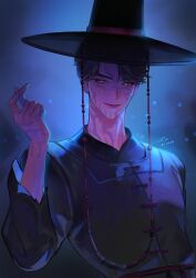  1boy black_hair black_hanbok blue_background closed_mouth commentary dated demon earrings finger_heart gat_(hat) gatkkeun glowing glowing_eyes hanbok hashtag-only_commentary hat highres jewelry jinu_(kpop_demon_hunters) korean_clothes korean_traditional_hat kpop_demon_hunters lips male_focus rm-parfait short_hair slit_pupils smile solo symbol-only_commentary upper_body yellow_eyes 
