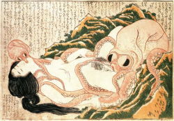 1girl black_hair breasts closed_eyes cunnilingus eyebrows female_pubic_hair fine_art_parody highres hokusai japan kiss long_hair monster monster_sex nihonga nipple_stimulation nipple_tweak nipples nude octopus oral outdoors parody ponytail pubic_hair pussy rape shunga small_breasts tentacle_sex tentacles text_focus the_dream_of_the_fisherman&#039;s_wife traditional_media translated ukiyo-e uncensored rating:Explicit score:35 user:surveyork