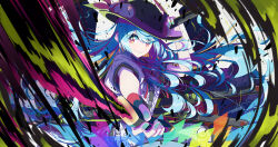  1girl black_eyes black_hat blue_hair blue_skirt center_frills colorful commentary curly_hair dual_wielding frills green_nails grin hat hinanawi_tenshi holding holding_sword holding_weapon incoming_attack long_hair looking_at_viewer multicolored_eyes nail_polish peach_hat_ornament rainbow_gradient red_eyes sakuraba_yuuki sheath shirt short_sleeves skirt slashing smile solo sword sword_of_hisou touhou unsheathing upper_body weapon white_shirt yellow_eyes yellow_pupils 