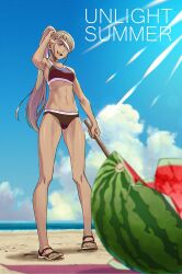 1girl beach bikini blindfold dark-skinned_female dark_skin eye_mask food fruit miya_hellride ocean smile swimsuit tagme water watermelon
