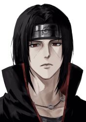  1boy akatsuki_uniform black_hair curtained_hair forehead_protector headband high_collar highres jewelry lips looking_at_viewer male_focus medium_hair naruto_(series) necklace nose red_eyes sharingan simple_background solo sso_s uchiha_itachi white_background 