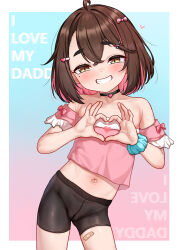  1girl bandaid bandaid_on_leg blue_background blush brown_eyes brown_hair choker covering_breasts covering_privates crop_top eyebrows_visible_through_hat fangs flat_chest gemba_(dlfms75) hair_between_eyes hair_ornament hair_ribbon heart heart_choker heart_hair_ornament heart_hands highres loli looking_at_viewer midriff mole mole_under_eye multicolored_hair navel original pantyhose pink_background pink_hair ribbon scrunchie see-through_pantyhose short_hair simple_background smile solo text_background white_background wrist_scrunchie 