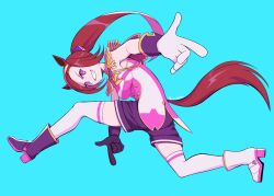 1girl animal_ears asymmetrical_footwear black_gloves boots breasts brown_hair commentary english_commentary epaulettes finger_gun full_body gloves grin high_ponytail highres horse_ears horse_girl horse_tail long_hair looking_at_viewer medium_breasts mismatched_footwear parody pink_eyes pink_shirt ponytail purple_boots purple_shorts sakura_bakushin_o_(umamusume) shirt shorts simple_background sleeveless sleeveless_shirt smile solo sonic_(series) sonic_adventure sonic_adventure_pose swoosh tail thighhighs umamusume white_boots white_thighhighs 