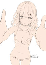  1girl bare_arms bare_shoulders blush bow bow_bra bow_panties bra check_copyright collarbone commentary_request copyright_request cowboy_shot dated dot_nose frilled_bra frilled_panties frills hair_between_eyes highres long_hair navel open_mouth original outstretched_arms palms panties pov simple_background solo stomach striped_bra striped_clothes sweatdrop thighhighs twitter_username unasaka_ryou underwear vertical-striped_bra vertical-striped_clothes wavy_hair white_background 