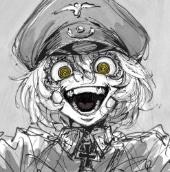 1girl collared_shirt cross evil_smile fangs grey_background hair_between_eyes hat iron_cross long_hair long_sleeves looking_at_viewer medal messy_hair military military_hat military_uniform mp100nm_wolf open_mouth peaked_cap reichsadler sanpaku shirt simple_background smile solo tanya_degurechaff unusually_open_eyes yellow_eyes youjo_senki rating:General score:8 user:danbooru
