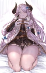  1girl aldehyde backpack bag bare_legs barefoot black_gloves black_jacket black_panties blue_eyes blush braid breasts closed_mouth commentary_request curled_horns draph dress female_focus fingerless_gloves gloves granblue_fantasy groin hair_ornament hair_over_one_eye half-closed_eye hand_up heart heart-shaped_pupils highres horns jacket kneeling large_breasts leaning_back long_hair looking_at_viewer narmaya_(granblue_fantasy) nose_blush panties pink_hair pointy_ears smile solo symbol-shaped_pupils thighs underwear very_long_hair white_dress  rating:Sensitive score:35 user:danbooru