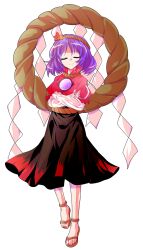  1girl alphes_(style) anklet breasts brown_sandals closed_eyes closed_mouth commentary_request crossed_arms dairi frilled_sleeves frills full_body hair_ornament highres jewelry large_variant_set layered_sleeves long_sleeves medium_breasts medium_hair mirror parody purple_hair rope rope_belt sandals shimenawa shirt short_over_long_sleeves short_sleeves skirt smile solo style_parody tachi-e touhou transparent_background variant_set yasaka_kanako 