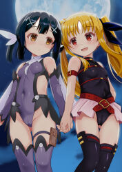  2girls bilingual_commentary black_hair black_leotard black_thighhighs blonde_hair breasts cameltoe closed_mouth commentary commentary_request covered_navel english_commentary fate/kaleid_liner_prisma_illya fate_(series) fate_testarossa highleg highleg_leotard highres holding_hands leotard loli long_hair lyrical_nanoha medium_hair mixed-language_commentary miyu_edelfelt multiple_girls open_mouth paid_reward_available purple_leotard purple_thighhighs red_eyes sideless_leotard small_breasts thighhighs twintails usayaki_soba yellow_eyes 