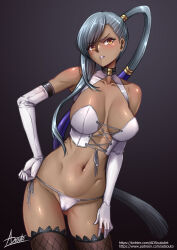  1girl adsouto bikini breasts code_geass contrapposto dark-skinned_female dark_skin elbow_gloves fishnet_thighhighs fishnets gloves grey_hair hand_on_own_hip hand_on_own_thigh highres large_breasts long_hair navel orange_eyes parted_lips side-tie_bikini_bottom side_ponytail signature solo swimsuit thighhighs variant_set very_long_hair villetta_nu white_bustier white_gloves 