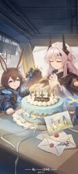  1boy 1other 2girls absurdres amiya_(arknights) animal_ears arknights birthday_cake black_dress black_horns black_jacket blue_eyes box brown_hair cake candle closed_eyes closed_mouth commentary_request day demon_horns doctor_(arknights) drawing_(object) dress food gift gift_box hair_between_eyes hand_on_another&#039;s_shoulder happy_birthday highres holding holding_gift horns interlocked_fingers jacket jdhlfire jewelry letter long_hair multiple_girls multiple_rings own_hands_clasped own_hands_together pink_hair pointy_ears praying rabbit_ears ring sidelocks theresa_(arknights) theresis_(arknights) tongue tongue_out two-tone_dress white_dress 