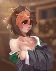  1girl blush breasts brown_hair cleavage collarbone embarrassed harry_potter:_hogwarts_mystery harry_potter_(series) hogwarts_school_uniform indoors looking_to_the_side merula_snyde multicolored_hair non-web_source orange_hair red_eyes robe school_uniform shirt single_off_shoulder slytherin two-tone_hair undressing upper_body white_shirt wizarding_world 