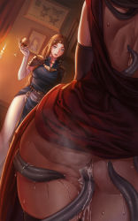 2girls alcohol armor ass ass_grab backless_dress backless_outfit belt black_legwear blue_eyes breasts brown_hair circlet commentary consensual_tentacles cum cum_in_pussy cumdrip cup dress drinking_glass dutch_angle elbow_gloves elleciel.eud forehead_jewel from_behind gloves hentai_heroes loincloth long_dress medium_breasts multiple_girls no_panties parted_bangs pauldrons princess princess_agate red_dress shoulder_armor skindentation stealth_sex steam sweat tentacle_sex tentacles tentacles_under_clothes thick_thighs thighhighs thighs uncensored white_gloves wine wine_glass rating:Explicit score:356 user:danbooru