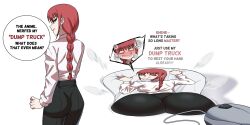  1girl ass ass_mousepad black_pants blush chainsaw_man collared_shirt commentary computer_mouse english_commentary english_text erasethismail hair_behind_ear highres long_hair long_sleeves looking_back makima_(chainsaw_man) mousepad objectification pants red_eyes red_hair shirt shirt_tucked_in simple_background smoke speech_bubble surprised transformation white_background white_eyes white_shirt 