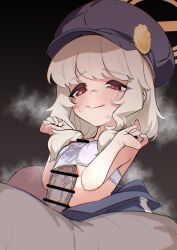  1boy 1girl aoba_(blue_archive) blonde_hair blue_archive blue_hat breasts breasts_squeezed_together cabbie_hat camisole clothed_female_nude_male covered_navel erory6_(ro) fluffy_hair green_halo halo hat hetero highres jacket loli low_twintails nervous_sweating no_shirt nude paizuri peaked_cap penis penis_under_another&#039;s_clothes red_eyes solo sweat tearing_up tears twintails unworn_jacket upper_body 