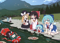  6+girls :3 absurdres ahoge animal_ears apron ascot back_bow bag barefoot baseball_cap black_dress black_headwear black_skirt blonde_hair blue_bow blue_dress blue_eyes blue_hair blue_shoes blue_sky blunt_bangs blush_stickers boat boots bow bowtie braid brown_eyes brown_hair brown_shirt brown_shoes cirno closed_eyes closed_mouth collared_dress collared_shirt day detached_sleeves doll dress faceless faceless_female floating frills fumo_(doll) grass green_bag green_hair green_headwear grey_hair hair_between_eyes hair_bobbles hair_bow hair_ornament hair_tubes hakurei_reimu hands_up hat hat_bow highres house ice ice_wings inubashiri_momiji kagiyama_hina kame_(kamepan44231) kawashiro_nitori kirisame_marisa landscape long_hair long_sleeves looking_at_another lying mountain multiple_girls neck_ribbon on_back open_mouth outdoors own_hands_together pinafore_dress puffy_short_sleeves puffy_sleeves red_bow red_bowtie red_dress red_headwear red_ribbon red_shoes red_skirt ribbon river seiza shirt shoes short_hair short_sleeves short_twintails single_braid sitting skirt sky sleeveless sleeveless_dress smile standing stream sweatdrop teruyof tokin_hat tongue touhou tree turtleneck twintails two_side_up v-shaped_eyebrows watercraft white_apron white_bow white_shirt wide_sleeves wing_collar wings witch_hat wolf_ears wolf_girl yellow_ascot yellow_eyes 