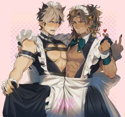  2boys animal_ears apron arm_cuffs arm_hair back_bow beard beard_stubble bell black_dress blush bow bowtie braid brown_hair cat_boy cat_ears chest_hair chest_harness choker cleavage_cutout clothes_lift clothing_cutout crimzon_ruze crossdressing cuffs dark-skinned_male dark_skin dress embarrassed facial_hair fangs finger_heart frilled_choker frilled_wrist_cuffs frills goldbullet green_bow green_bowtie grin hand_on_another&#039;s_shoulder harness heart heart_background heart_cutout highres holostars holostars_english jingle_bell kemonomimi_mode large_pectorals long_hair maid maid_apron maid_headdress male_focus male_maid middle_finger multicolored_hair multiple_boys one_eye_closed pectoral_docking pectoral_press pectorals pink_background pointy_ears ponytail sap_(_sapere) short_hair side_braid single_braid skirt skirt_hold skirt_lift smile streaked_hair stubble two-tone_hair virtual_youtuber waist_apron waist_bow wrist_cuffs 