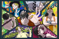  1girl 6+boys ascot bandana black_bandana black_hair blonde_hair blue_shirt brothers character_name closed_mouth collared_shirt crossed_arms curly_eyebrows curly_hair earrings enaka67 eyewear_on_head facial_hair goatee hair_slicked_back hand_on_another&#039;s_head hashtag-only_commentary hat highres jewelry long_hair long_nose looking_at_viewer monkey_d._luffy multiple_boys nico_robin one_eye_closed one_piece pale_skin red_shirt roronoa_zoro sabo_(one_piece) sanji_(one_piece) scar scar_across_eye scar_on_face shirt siblings smile straw_hat suspenders trafalgar_law usopp weapon_in_mouth white_ascot 