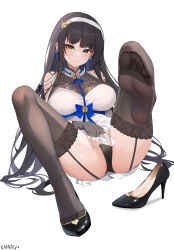 1girl absurdres black_gloves black_hair black_panties black_shoes black_thighhighs blue_hair breasts chinese_commentary closed_mouth colored_inner_hair commentary_request daiyan_(girls&#039;_frontline_2) dress earrings feet fingerless_gloves foot_focus garter_straps girls&#039;_frontline girls&#039;_frontline_2:_exilium gloves hairband high_heels highres jewelry large_breasts long_hair looking_at_viewer multicolored_hair no_shoes panties presenting_foot pumps reclining shoes simple_background smile soles solo thighhighs toes two-tone_hair type_95_(girls&#039;_frontline) underwear very_long_hair white_background white_dress white_hairband xnnagu yellow_eyes 