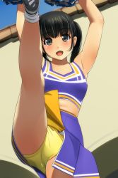 1girl :d armpits arms_up bare_legs black_hair blush breasts brown_eyes cheerleader collarbone day female_focus highres kneepits leg_up legs looking_at_viewer matsunaga_kouyou navel open_mouth original outdoors panties pom_pom_(cheerleading) purple_skirt short_twintails skirt sleeveless small_breasts smile socks solo standing standing_on_one_leg tareme thighs twintails underwear upskirt wall white_socks yellow_panties rating:Sensitive score:57 user:danbooru