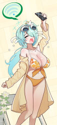  1girl aqua_hair arm_up bikini blue_archive breasts cleavage closed_eyes commentary_request crying eyewear_on_head feet_out_of_frame floral_print_bikini flower hair_flower hair_ornament hair_over_one_eye halo highres hiyori_(blue_archive) hiyori_(swimsuit)_(blue_archive) holding holding_phone jacket karakishi_(karakishi_kbt) large_breasts long_hair long_sleeves navel official_alternate_costume open_mouth orange_bikini phone side_ponytail simple_background solo standing stomach sunglasses swimsuit white_bikini wi-fi_symbol yellow_background yellow_jacket 