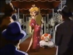  1990s_(style) 1993 4boys alternate_costume animated ass bare_legs blinking blonde_hair blowing_kiss breasts camera cleavage crown dress elbow_gloves evening_gown fur_trim gloves hat high_heels jewelry legs long_hair lots_of_jewelry mario_(series) mini_crown multiple_boys necklace nintendo official_art one_eye_closed photographer princess princess_peach red_carpet red_dress retro_artstyle sequins shoes side_slit super_mario_all_stars tagme toad_(mario) video wink 