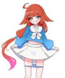  1girl ahoge animal_ears arona_(blue_archive) arona_(blue_archive)_(cosplay) black_sclera blue_archive blue_eyes blue_shirt clothes_lift colored_sclera cosplay grin heterochromia highres kaling lifting_own_clothes long_hair long_sleeves maplestory nongchukpapaya panties panty_pull red_hair sailor_collar shirt simple_background skirt skirt_lift smile solo striped_clothes striped_panties underwear very_long_hair white_background white_sailor_collar white_skirt yellow_eyes 