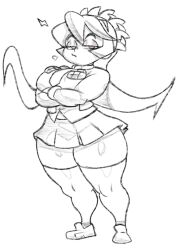 1girl black_hair breasts crossed_arms female_focus filia_(skullgirls) heart_(symbol) highres large_breasts lightning_bolt_symbol long_hair machinster monochrome navel necktie pout red_eyes samson_(skullgirls) school_uniform sharp_teeth shirt shoes sketch skullgirls solo solo_focus spiked_hair stomach teeth thick_thighs thighhighs thighs unusual_pupils white_shirt