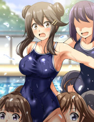  5girls absurdres alternate_costume alternate_hairstyle black_hair blue_one-piece_swimsuit breasts brown_eyes carrying commission competition_school_swimsuit covered_navel cowboy_shot double_bun hair_bun haruna_(kancolle) highres kantai_collection large_breasts multiple_girls one-piece_swimsuit open_mouth pixiv_commission school_swimsuit solo_focus swimsuit wet wet_clothes wet_swimsuit zanntetu 
