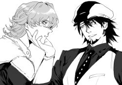  2boys :t barnaby_brooks_jr. bellhop666 closed_mouth collared_shirt eye_contact eyelashes facial_hair goatee greyscale hand_on_another&#039;s_chin hat jacket kaburagi_t._kotetsu long_sleeves looking_at_another looking_to_the_side male_focus monochrome multiple_boys necktie parted_bangs shirt smile teeth tiger_&amp;_bunny upper_body vest wavy_hair wing_collar yaoi 