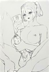  1futa barefoot blush breasts cellphone clothing_aside cum ejaculation foreskin full-package_futanari futanari futanari_masturbation heart heart-shaped_pupils highres knees_apart_feet_together large_penis lineart looking_at_phone masturbation medium_breasts monochrome original panties panties_aside penis phone short_hair sidelocks simple_background sitting sketch smartphone solo striped_clothes striped_panties symbol-shaped_pupils testicles topless_female twintails uncensored underwear veins veiny_penis victr_(pixiv16675324) white_background  rating:Explicit score:18 user:Zero3K15