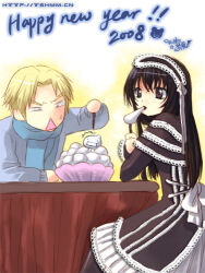  2boys black_lips brown_eyes crossdressing crossdressing_(mtf) dress eating english_text food frills goth_fashion gothic_lolita lace link lipstick lolita_fashion long_hair lowres maid_headdress makeup male_focus moyashimon multiple_boys new_year sawaki_souemon_tadayasu tian_shi_meng_mo trap yuuki_kei 