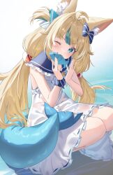  1girl :3 ahoge animal_ear_fluff animal_ears bikini bikini_under_clothes blonde_hair blue_bikini blue_bow blue_eyes blue_hair blue_sailor_collar blunt_bangs bow cat_ears commentary dress fins fish_girl fish_in_mouth fish_tail frilled_sailor_collar frills hair_bow hashtag-only_commentary highres indie_virtual_youtuber lifebuoy_hair_ornament long_hair looking_at_viewer low_twintails mouth_hold multicolored_hair one_eye_closed one_side_up pendora1022 sailor_collar sailor_dress sameko_saba see-through_clothes see-through_dress simple_background simple_fish sleeveless sleeveless_dress solo squatting streaked_hair striped_bikini striped_clothes swimsuit tail twintails very_long_hair virtual_youtuber white_background white_dress white_hair 