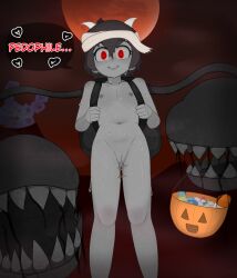  1girl absurdres aerd backpack bag black_hair candy cellien_(kemono_friends) colored_skin condom cosplay demon_girl drooling english_text flat_chest food grey_skin halloween highres horns huge_filesize inverted_nipples kaban_(kemono_friends) kemono_friends lilith_(the_binding_of_isaac) lilith_(the_binding_of_isaac)_(cosplay) loli looking_at_viewer looking_down lube moon naked_backpack night nude open_mouth pedophile pov pussy pussy_juice red_eyes saliva sharp_teeth smile speech_bubble standing talking teeth tentacles the_binding_of_isaac trick_or_treat uncensored used_condom volcano  rating:Explicit score:113 user:aerd